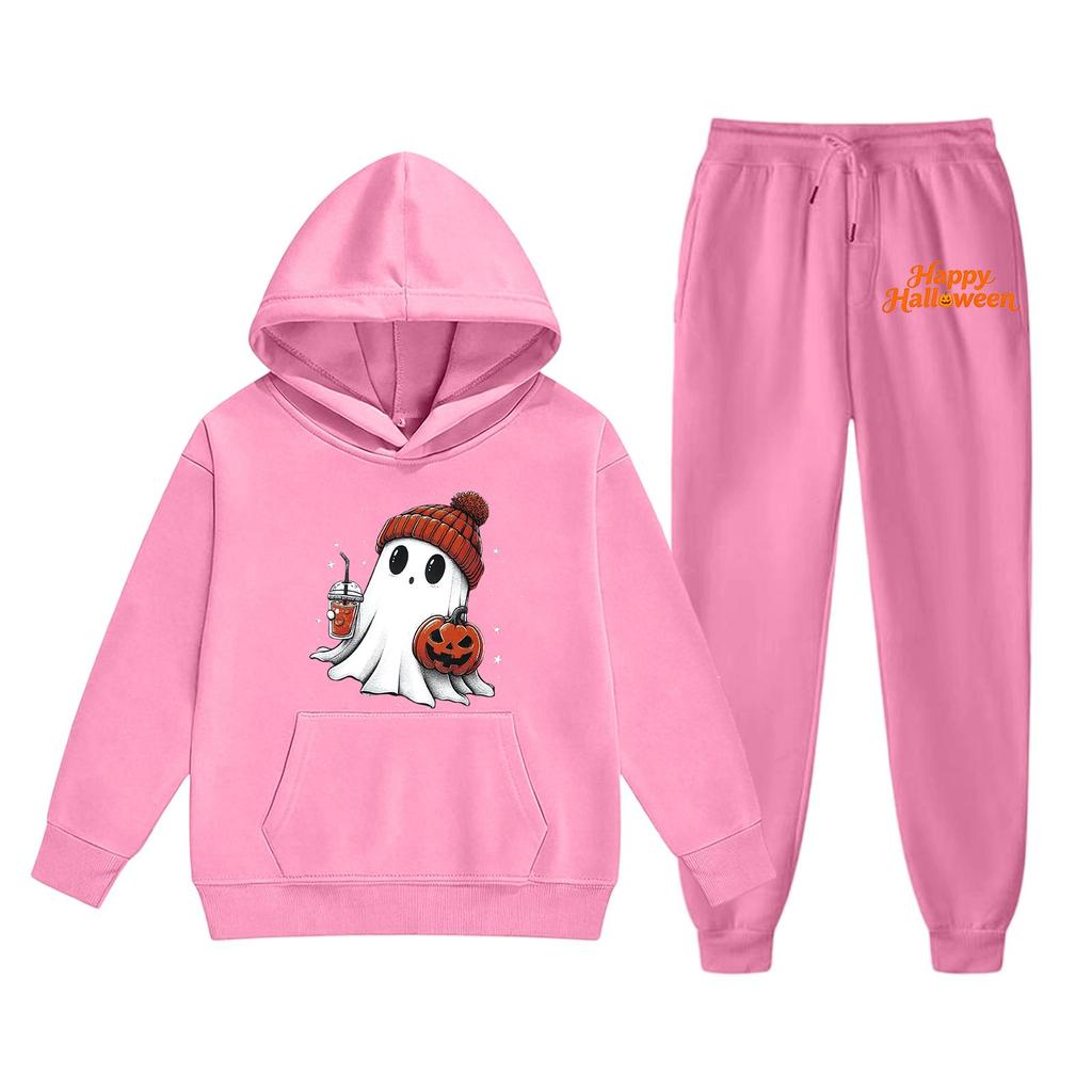 Kids Halloween Hoodie and Pants Set Soft Comfortable Fabric Long Sleeve Pullover with Ghost Pumpkin Print Suitable for Fall and Halloween Events