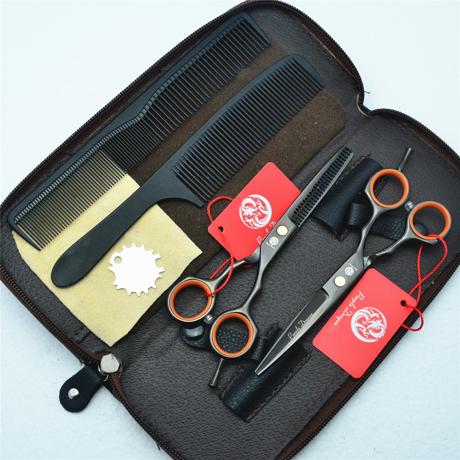 

Purple Dragon 5.5” Symmetrical Handle Hairdressing & Barber Scissors Set - Straight & Thinning Blades, Black Finish