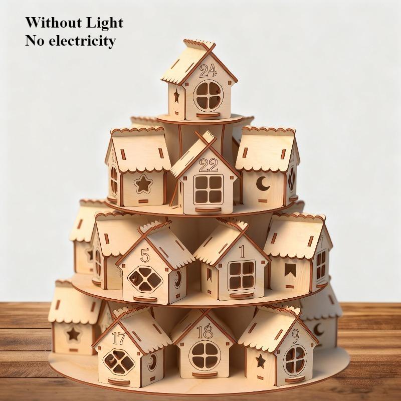 

24pcs Wooden Christmas Countdown Calendar Ornaments 3D Vintage Layered House Decoration Stand Christmas Decorative Kids Gifts 30.4 x 30.4 x 31CM