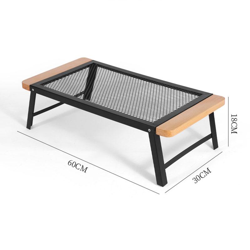 Portable Folding Camping Table with Solid Wood Top and Iron Mesh Surface Heat Resistant Outdoor Picnic Desk Lightweight for Backyard Beach