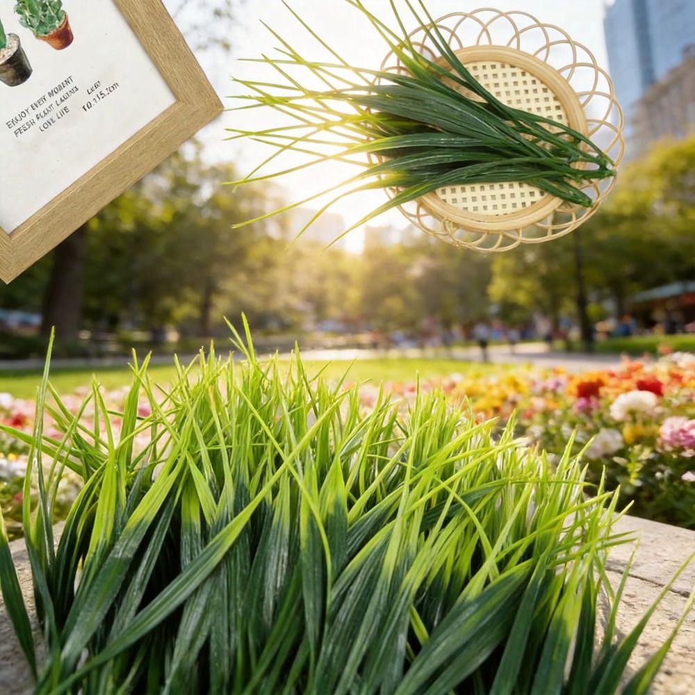 24Pcs UV Resistant Fake Greenery Green Artificial Grass Bundles Artificial Spring Grass  Indoor Use