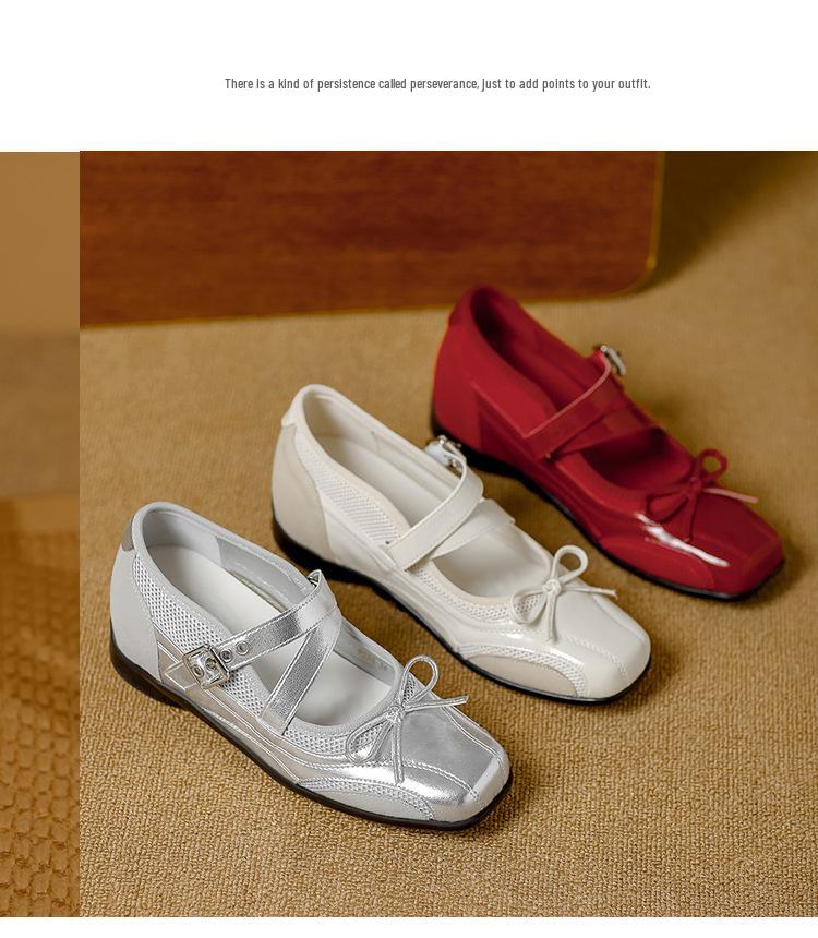 Silver Vintage Leather Hidden Heel Mary Jane Ballet Flats with Bow