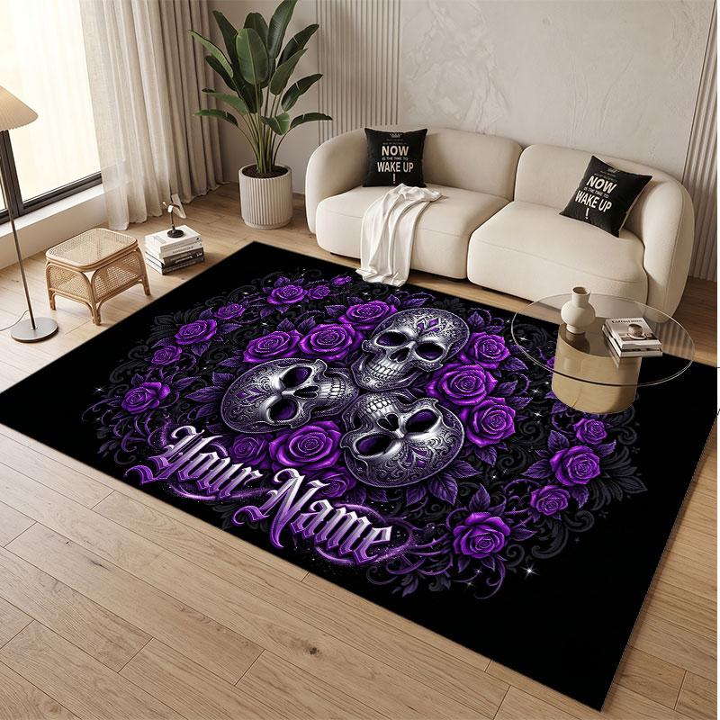 Skull Gothic Theme Soft Crystal Velvet Rug Custom Name & Text Print Non Slip Floor Rug for Bedroom Living Room
