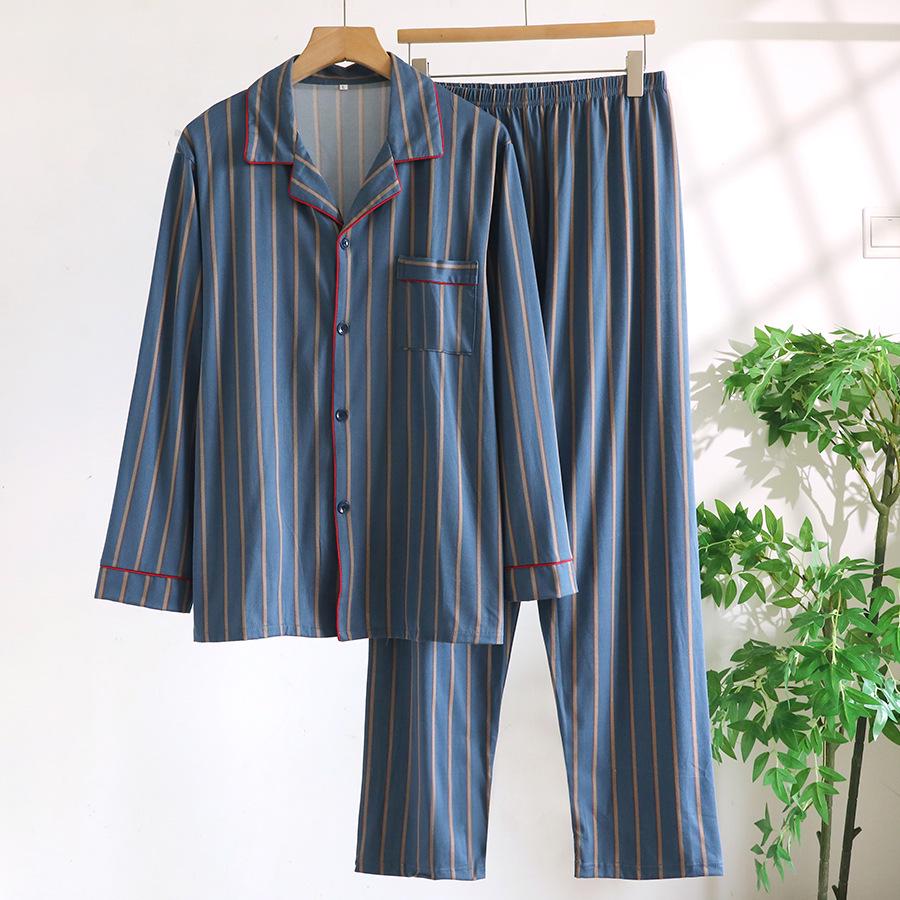 Men's Loose-Fit Pure Cotton Pajama Set: Long Sleeve Cardigan & Pants for Spring/Autumn