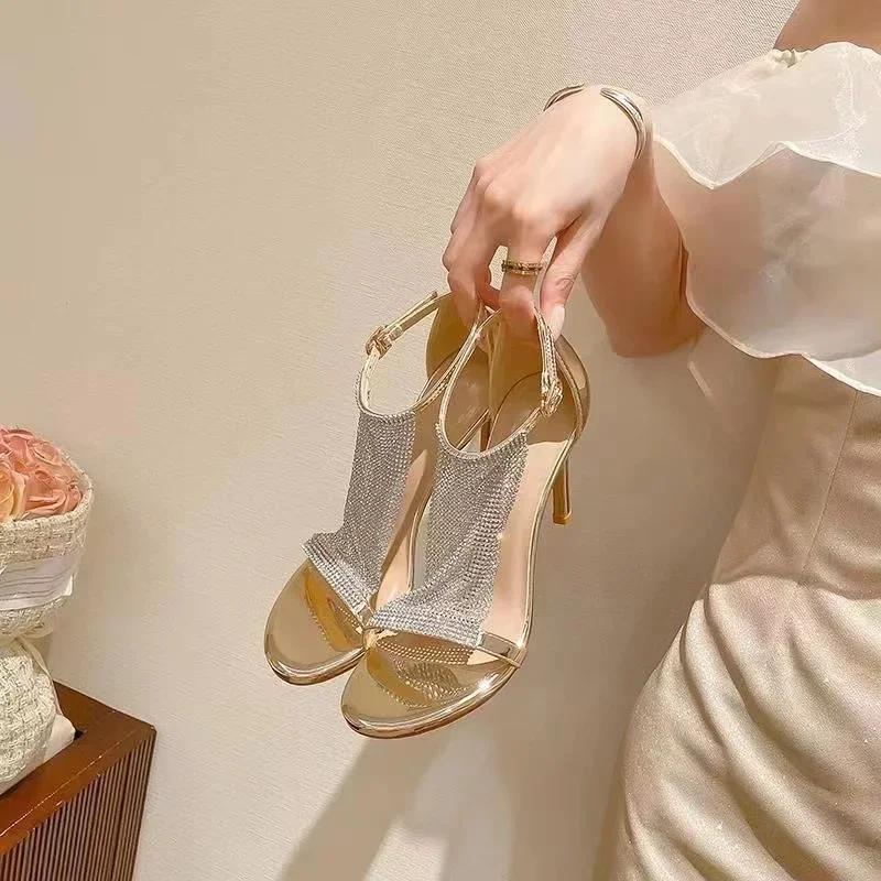 Women s High Heel Sandals Rhinestone Fishing Net Sandals Flat Bottom Footware Roman Flat Party Shoes 34