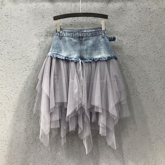 Women Skirt High Waist Denim Splicing Mesh Yarn Irregular Hem A-Line Skirt Versatile Work Leisure Daily Wear