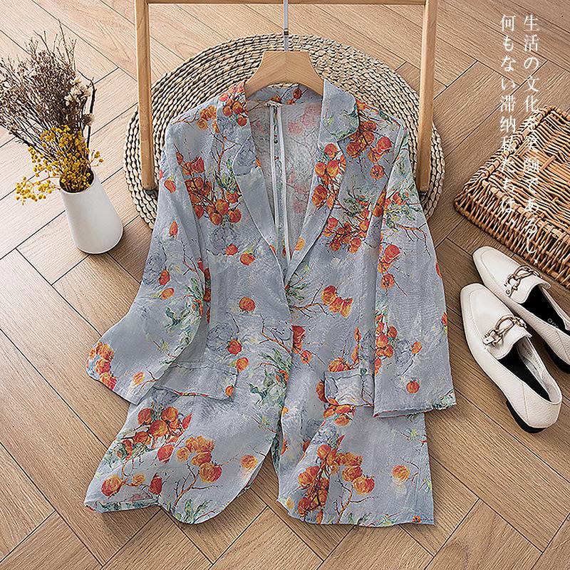 

Printed Cotton-Linen Women s Blazer with Seven-Sleeves 3XL (145-160 lbs) орхидейный