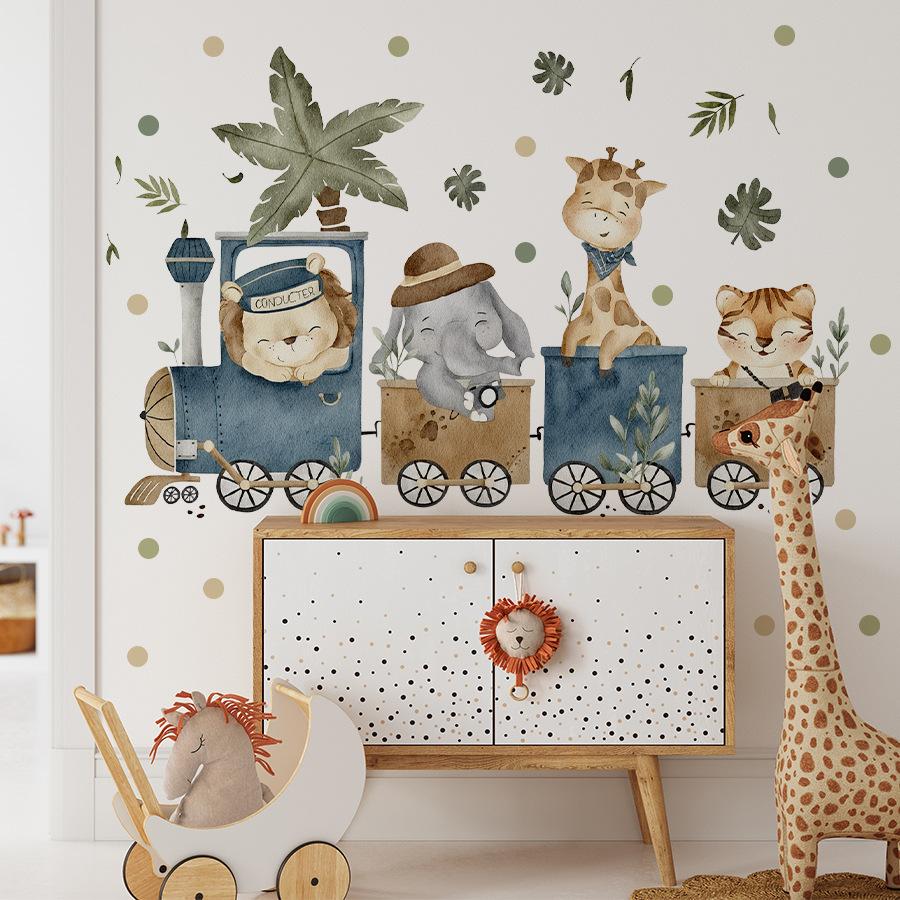 Watercolor Animal Train Wall Stickers, Jungle Adventure Kids Room Decor, Self-Adhesive Wall Art for Kindergarten Nursery Decoration