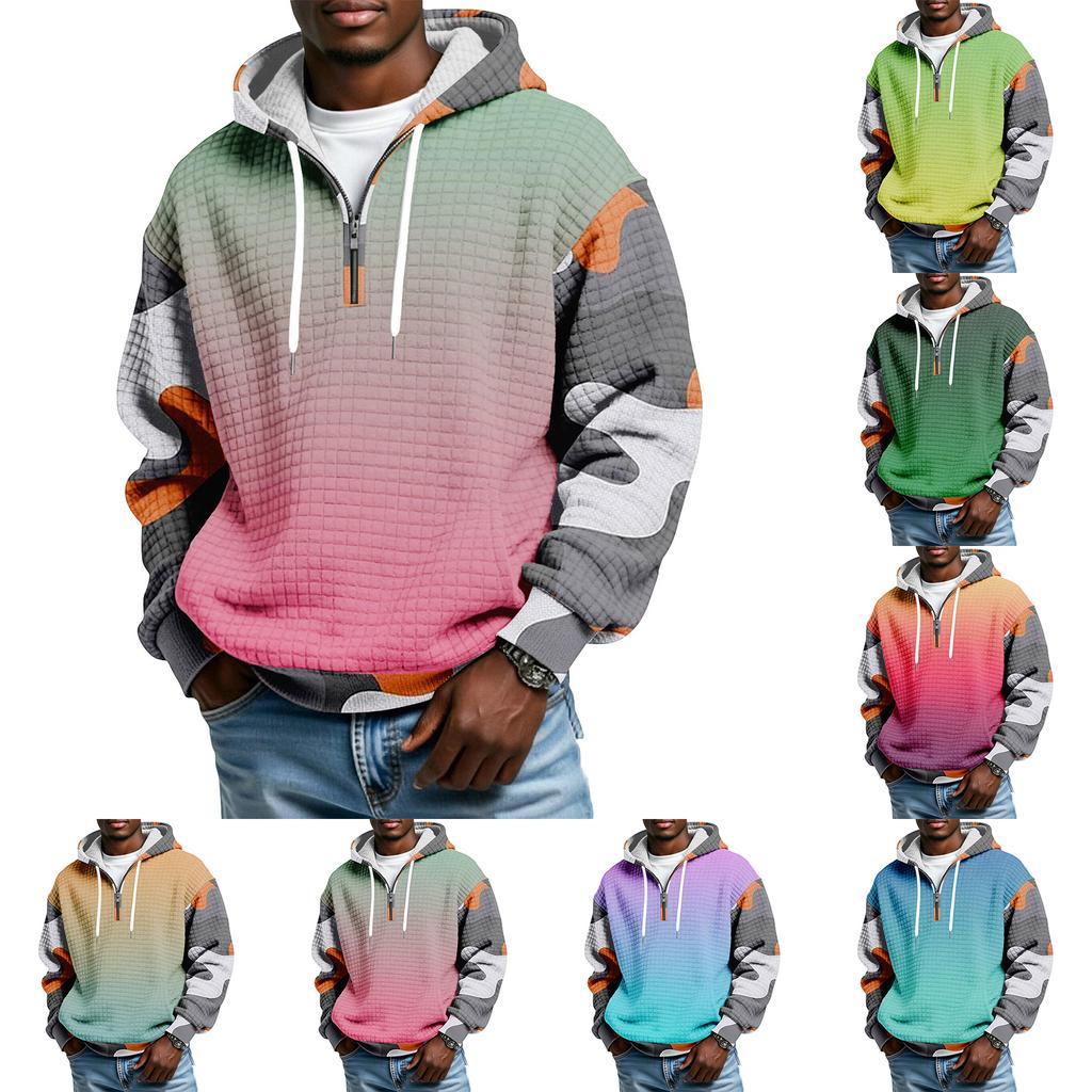 Sudadera Deportiva Casual para Hombre con Capucha y Media Cremallera a Cuadros con Cordón y Estampado