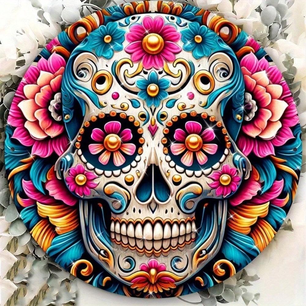 Retro Day of The Dead Metal Tin Sign, Sugar Skull Wall Art, Vibrant Home Bar Kitchen Pub Decor, 2D Flat Plaque