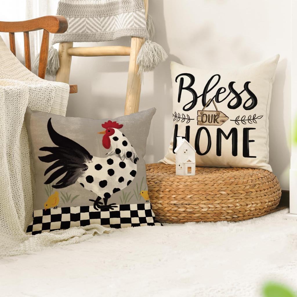 AVOIN colorlife Farmhouse Chicken Home Sweet Home Throw Pillow Covers, 18 x 18 Inch Bless Our Home Seasonal Cushion Case Decoration for Sofa Couch