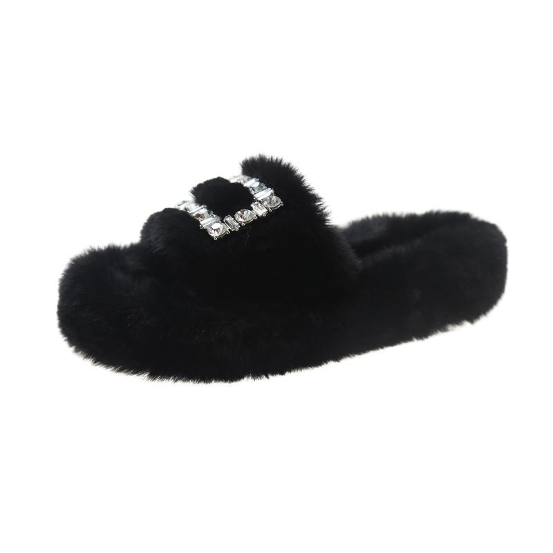 Fashion Slippers Women Fluffy Flip Flops Furry Slides Slipper Ladies Shoes Crystal Hollow Flat Faux Fur Sandals Decor Platform Footwear