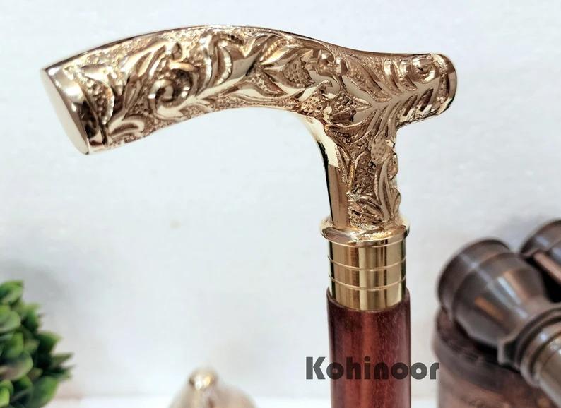 Walking Stick: Brass Handle Wooden Cane