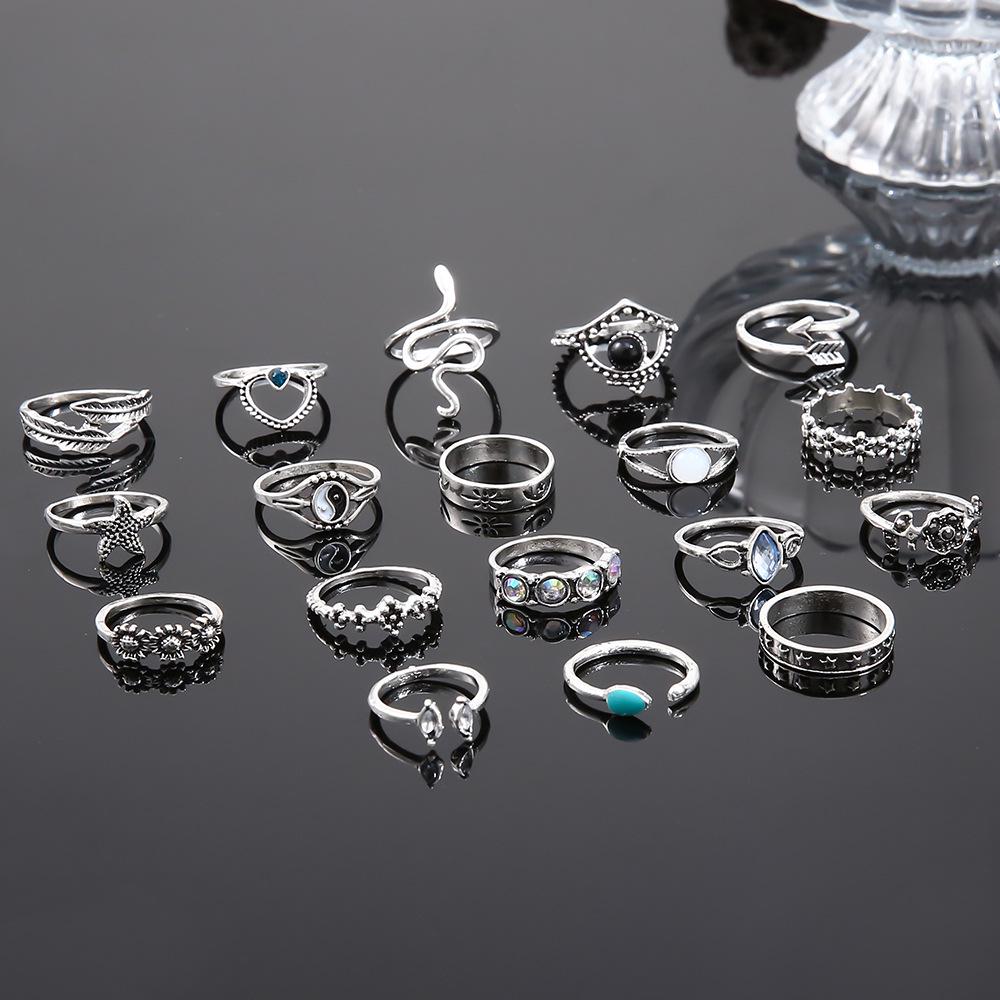 Opal Schwarzer Edelstein Seestern & Schlange Ring Set - 18-teilige Punk Mode Kollektion