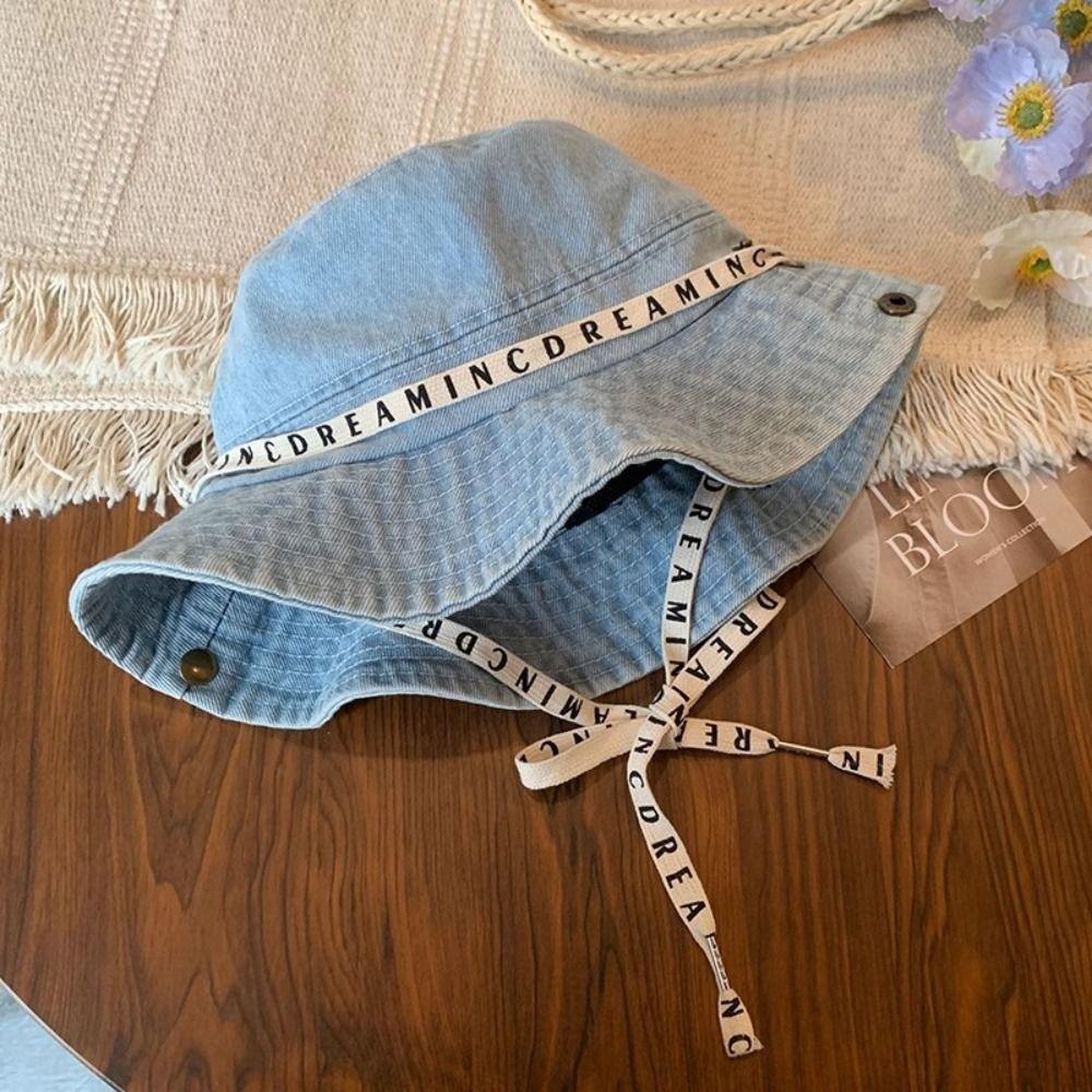 Letter Denim Bucket Hat With Tie Belt Sunscreen Hat Sweet Jeans Fisherman Hat Outdoor