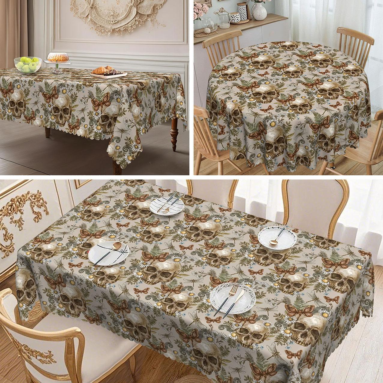 

1 Piece, Vintage Halloween Round Tablecloth, Halloween Skull And Floral Design - Skull And Rose Round tablecloth-152x152cm