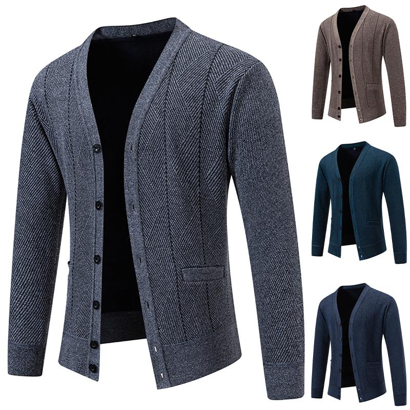 2025 Autumn Men Slim Fit Knit Sweatercoat Men Solid Color Fleece Knitted Cardigan Men Casual V-Neck Sweater Warm Outerwear