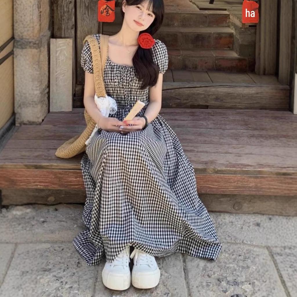 Übergröße Altersdefying Karomuster Puffärmel Quadratischer Ausschnitt Sommerkleid mit Taillen-Schlankmachendem Bindegürtel Langrock