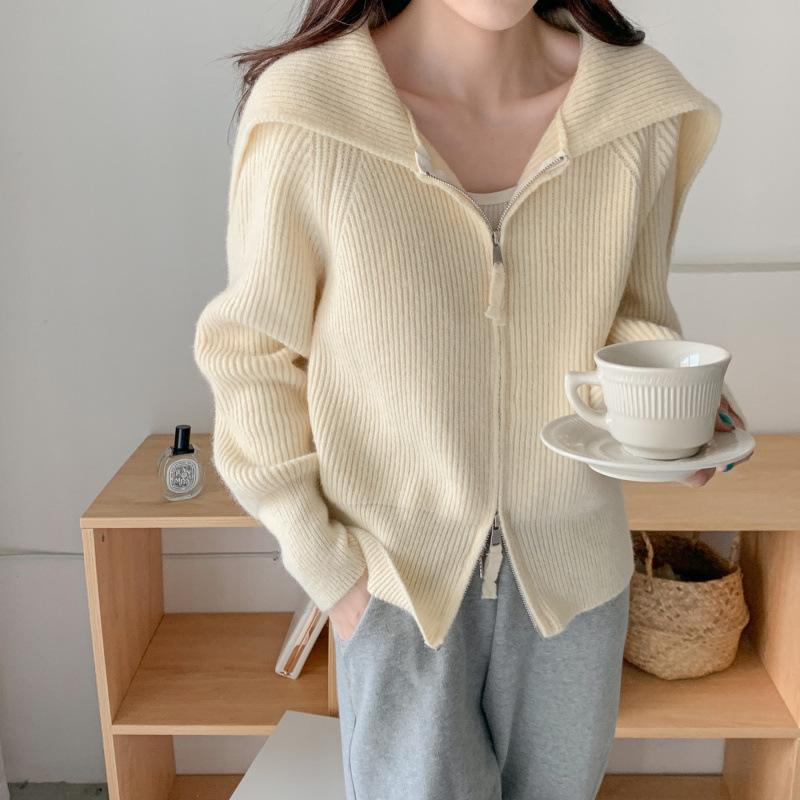 1011 autumn new double zipper knitted sweater women's loose navy collar shoulder pads Korean version knitted cardigan women's clothing