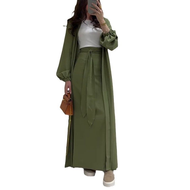 2025 Spring New European and American Amazon Foreign Trade Cross-Border V-neck Long sleeve Fashion Casual Half-Length Long dress Two-piece Set
