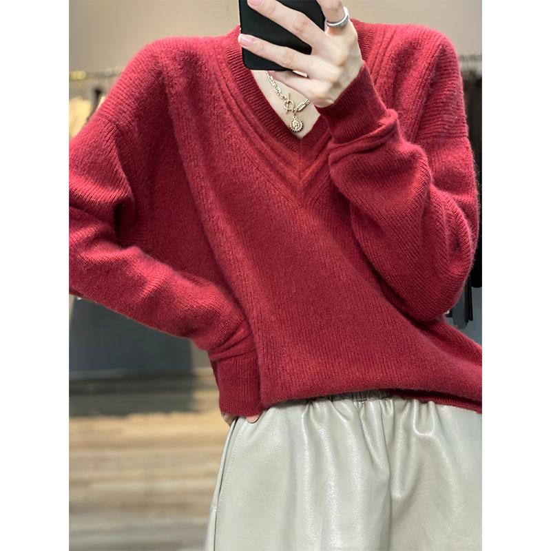 Korean Style V-Neck Wool Sweater: Women's Loose-Fit Autumn/Winter Cashmere Pullover