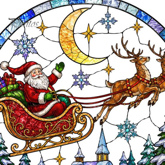 Retro Art Window Decoration Christmas Santa Sleigh Suncatcher Cling, Stained Glass Style Static Holiday Party Ornament Sticker, Rainbow Film