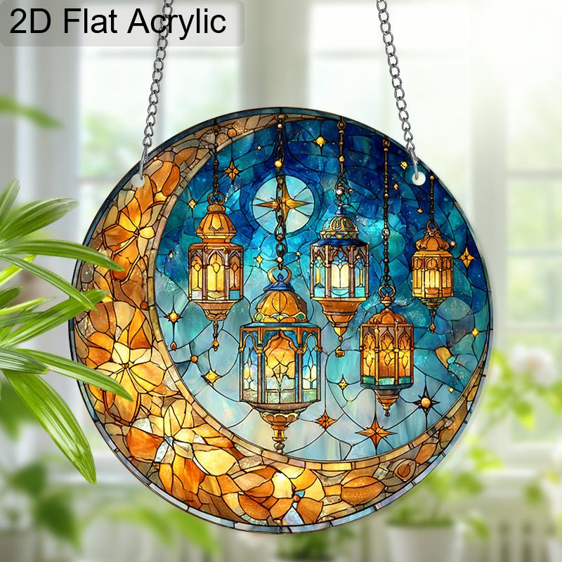 Acrylic Crescent Moon & Ramadan Lanterns Suncatcher, Stained Glass Effect Window Hanging Ornament for Islamic & Ramadan Lover Gifts