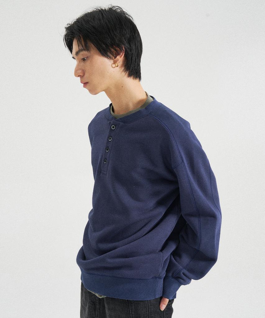 SLOWACID Washed Henley Neck Sweatshirt [Navy]