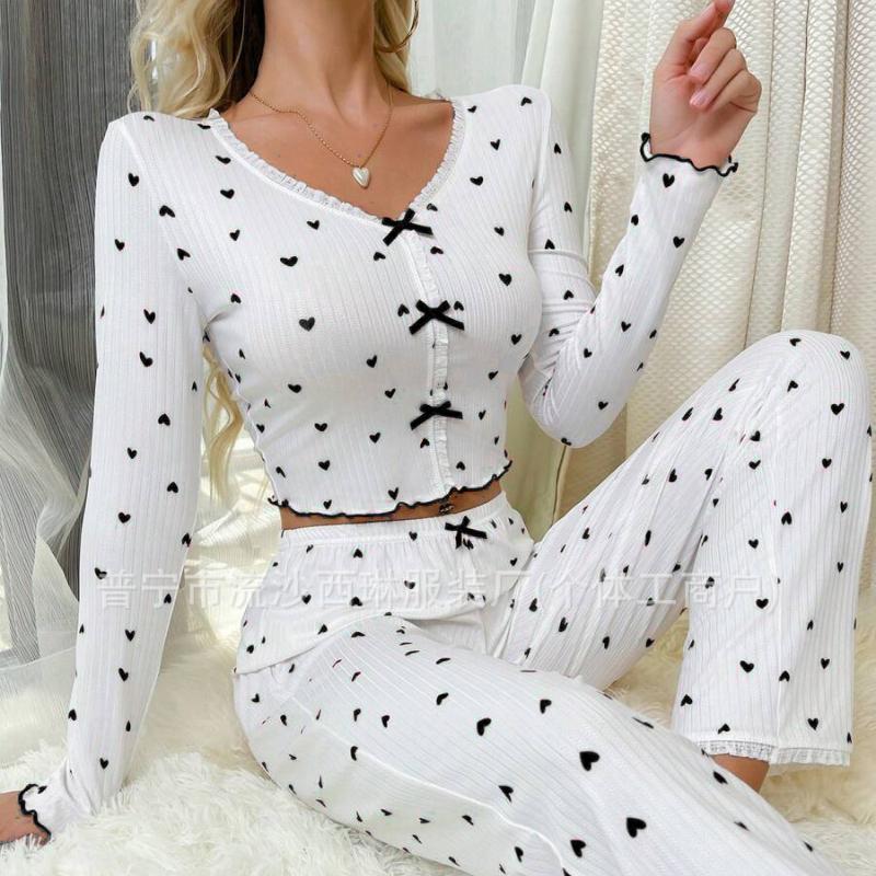 

Женский пижамный комплект с V-образным вырезом и длинными рукавами, милый домашний пижамный комплект с гофрированной юбкой, можно носить брюки, костюм из двух частей L чёрный