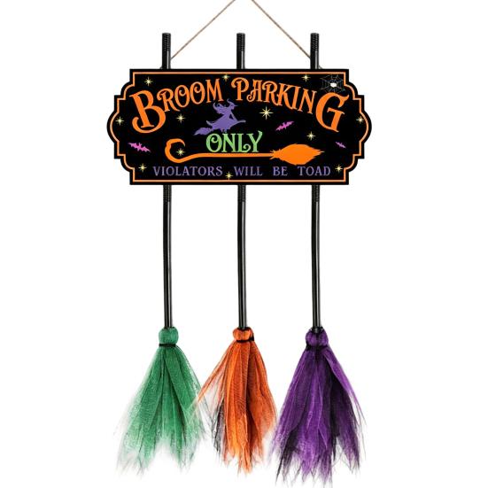 Hanging Broomstick Holiday Ornaments Halloween Broom Parking Sign with 3 Witch Brooms, Hocus Pocus Themed Wooden Sign, Yard And Porch