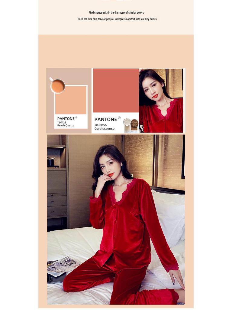 Damen Gold Samt Spitzenbesatz Pyjama Set - Langarm Strickjacke & Hose für Herbst/Winter
