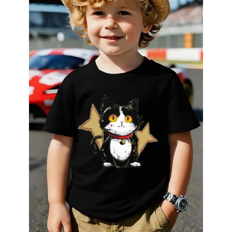 

European sizes Boys Short-Sleeve T-Shirt | Featuring Cat with Bell and Stars Print, Trendy Design, Soft and Comfortable, Perfect for Outdoor 98cm чёрный
