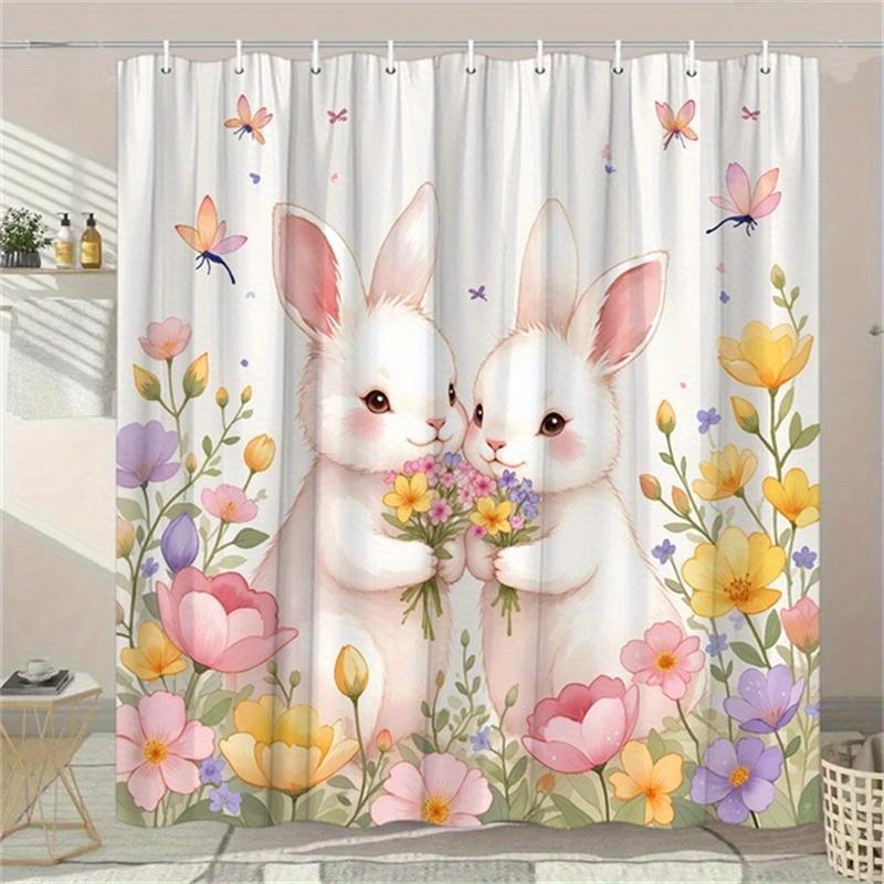 Cute White Rabbits Shower Curtain - Pink Noses & Flowers, Whimsical Design, Polyester, 70.8x70.8 Inches, Lush Garden Background W90XH180cm