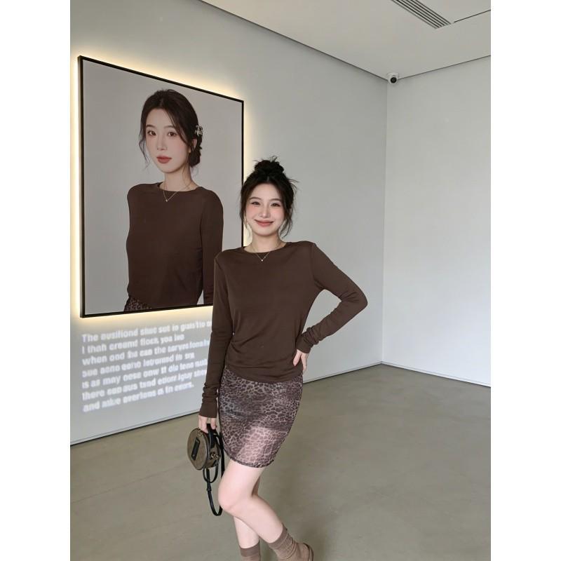 Elegant Coffee Long Sleeve Top & Leopard Skirt Two-Piece Set for Spring/Summer 2026 XL