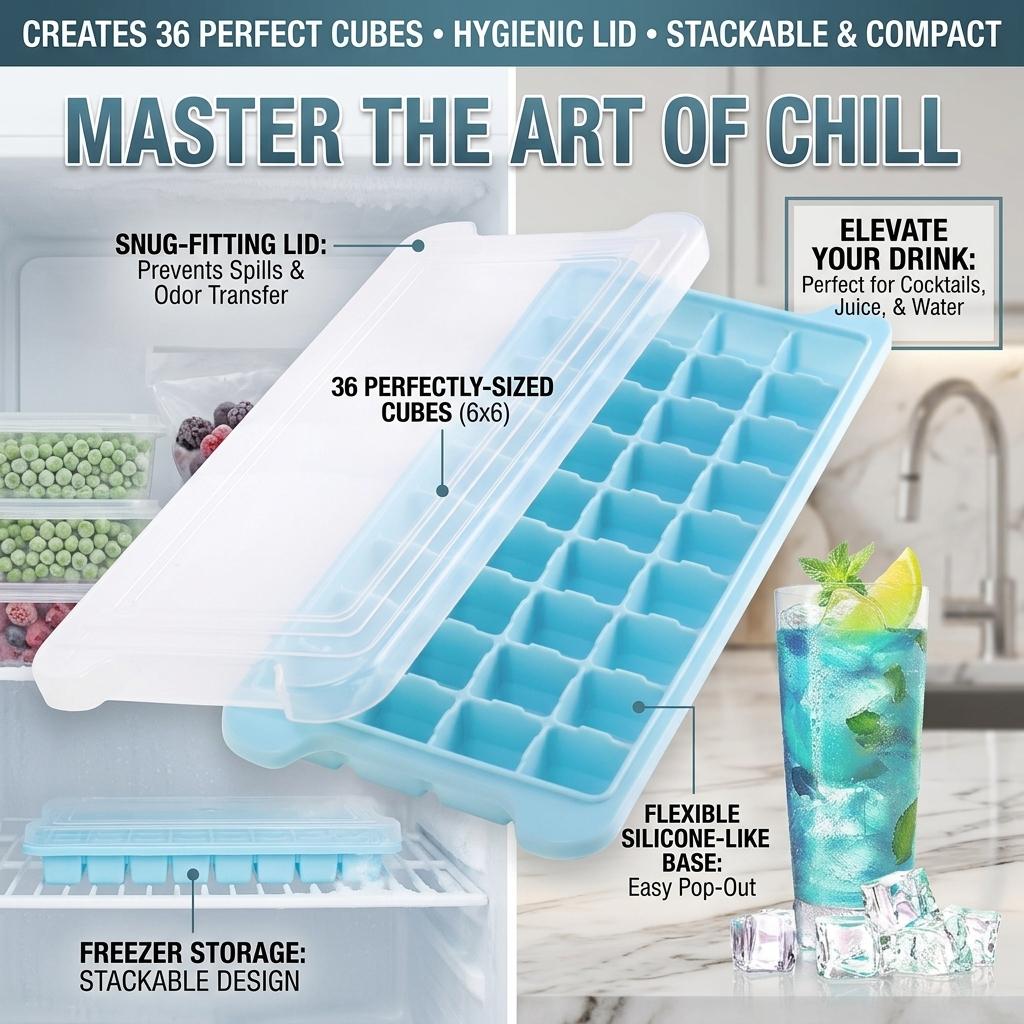Summer Silicone Ice Cubes Tray with Lid 36 Cubes Large Food Grade Silicone Ice Cube Square Tray Mold DIY Ice Maker Ice Cube Tray