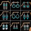 Retro Ethnic Style Turquoise Earrings, Hollow Ring Flower Fringed Earrings, Owl Water Drop Earrings.