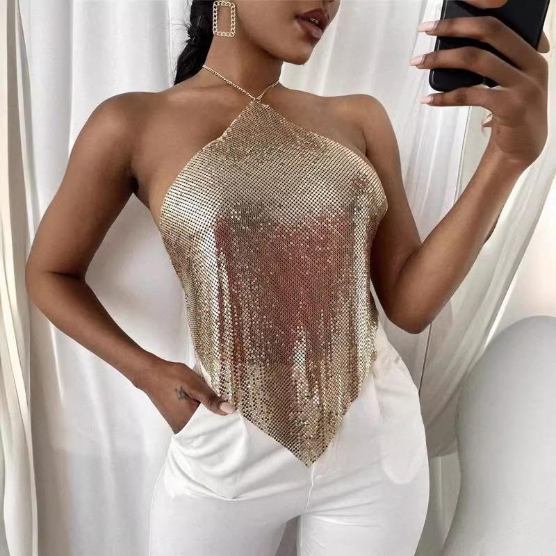 Collar Off-shoulder Solid Color Halter Neck Slim Fit Gold Backless See-through Vest S золотой