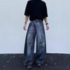 Vintage Washed Distressed Denim Pants Men Women Wide Leg Straight Cut With Reversed Waistband Design