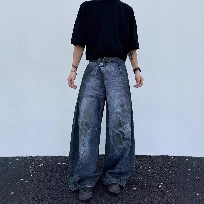 Vintage Washed Distressed Denim Pants Men Women Wide Leg Straight Cut With Reversed Waistband Design
