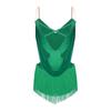 Womens Dance Leotard Ruched Mesh Drapes Glittery Rhinestones Adjustable Straps Cutout Fringe Bodysuit Performance Wear