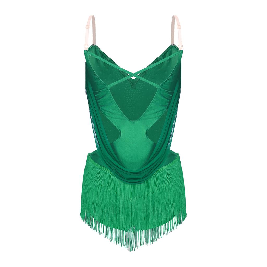 Womens Dance Leotard Ruched Mesh Drapes Glittery Rhinestones Adjustable Straps Cutout Fringe Bodysuit Performance Wear