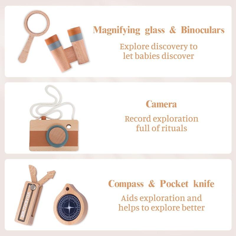 Kids' Adventure Set: Wooden Telescope, Compass, Magnifying Glass & Camera - Early Education Toys
