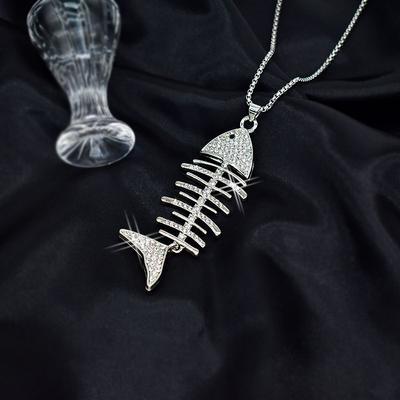 Collier Poisson et Os Argenté avec Diamants, Chaîne Longue Polyvalente et Simple pour Homme