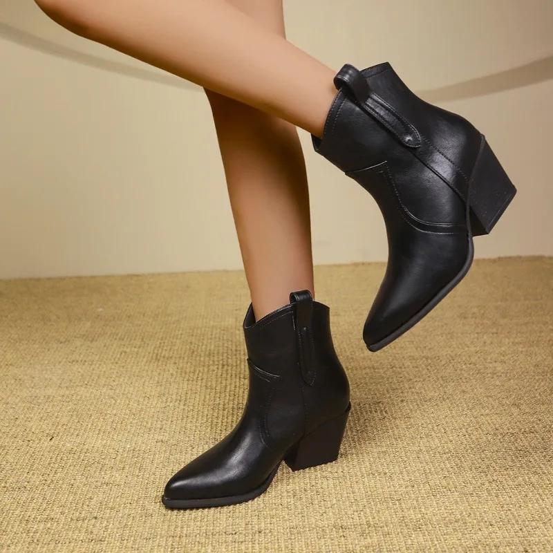 Women Ankle Boots Genuine Leather Autumn Winter Short Boots Thick Heels Pointed Toe Shoes Woman Mature Basic Office Lady