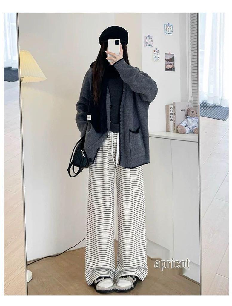 Women's 2025 Striped Terry Pants - Autumn/Winter Casual Lazy Stroll, Narrow Straight Leg, Wide Leg Trousers.