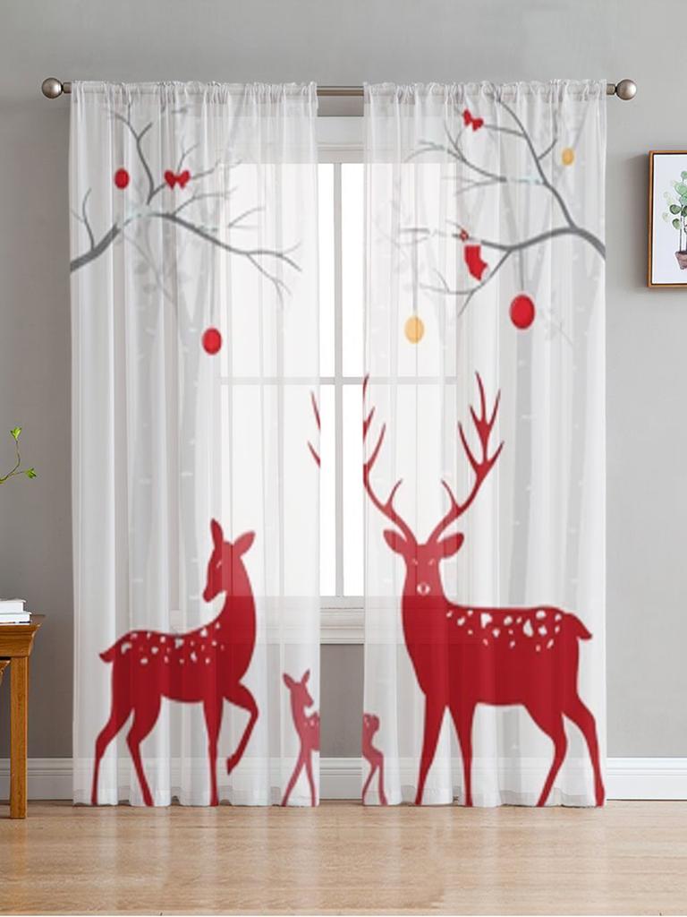 Christmas Elk Curtain Cartoon Xmas Forest Tree Deer Winter Snowflake Semi Living Room Voile Window Treatment Light Filtering Polyester Ideal For Great