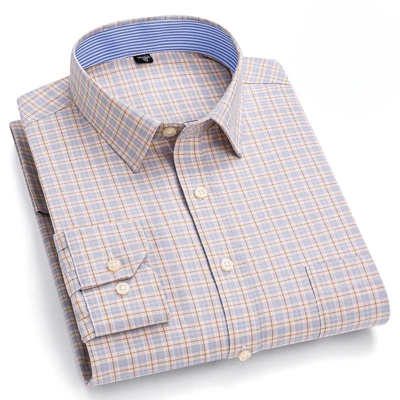 Men's Oxford Shirts Long Sleeve 100% Cotton Casual Plaid Soft Regular Fit Formal Dress Shirt Social Blouse Male Clothes
