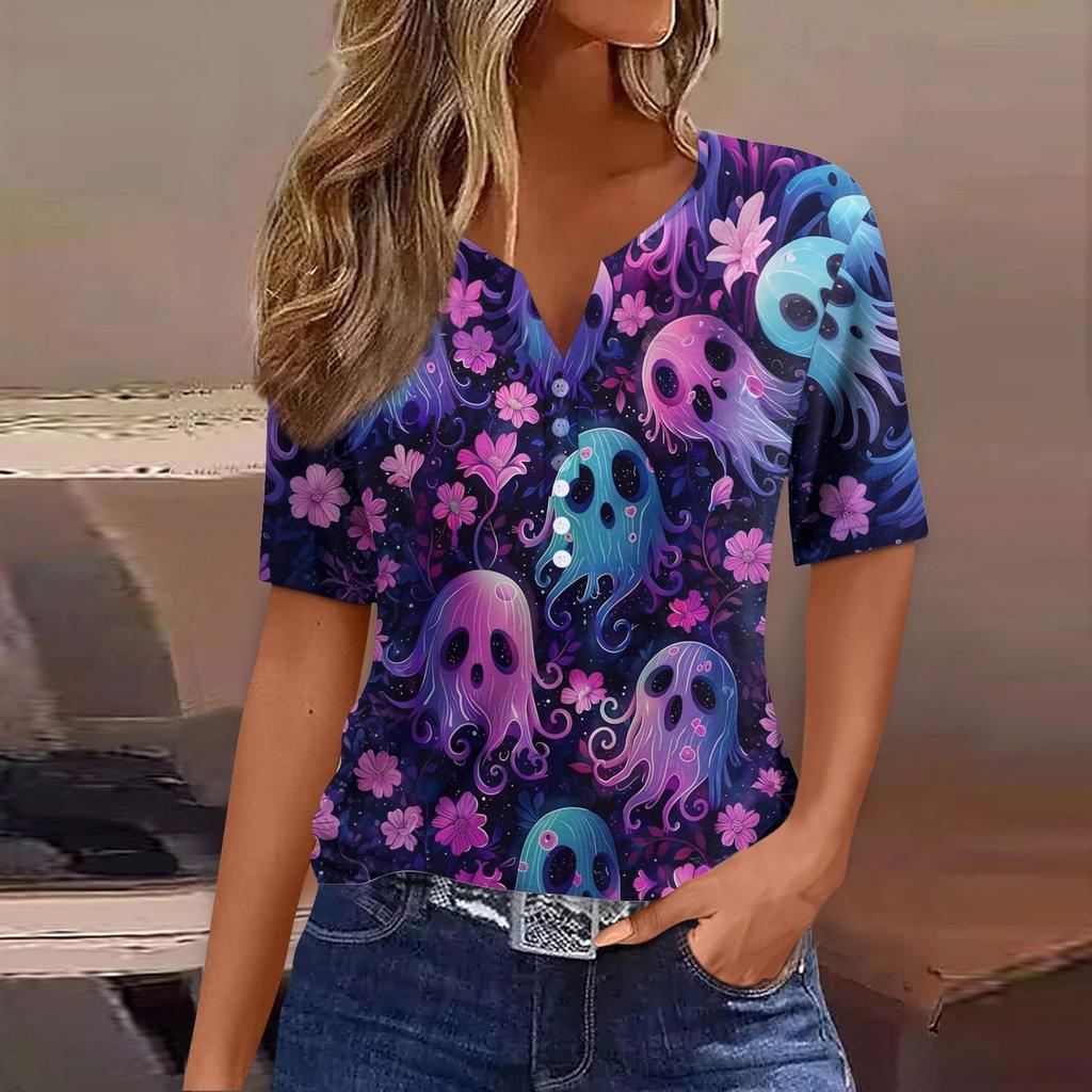 Dames T-skjorte Tee Halloween Trykket Knapp Kortermet Tunika Daglig Helgemote Basic V-hals Vanlig Topp