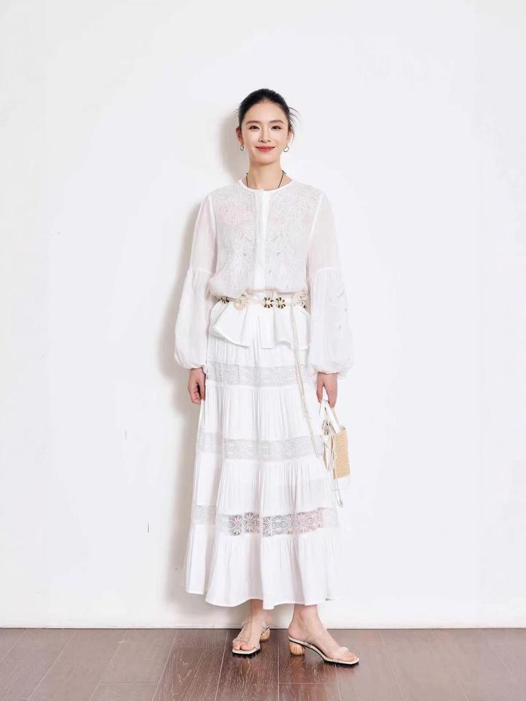 Spring 2026 French Linen Embroidery Shirt with Lantern Sleeves - Southern Style, Perfect for Vacation or Commuting