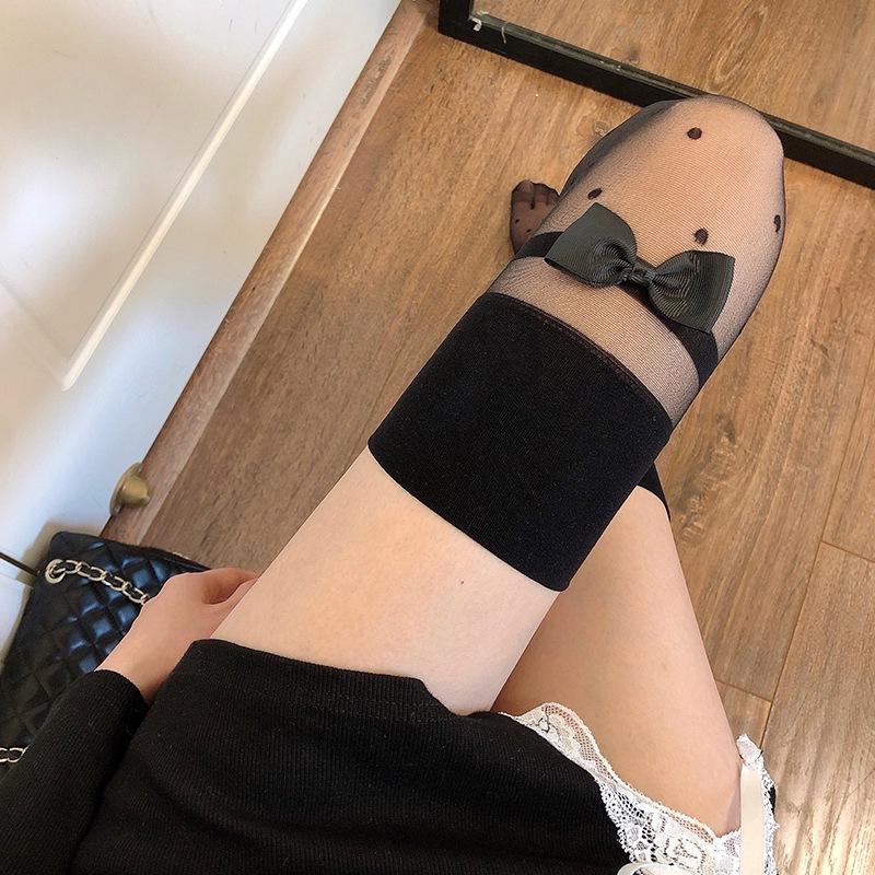 Bowknot Lace Wave Point Hosiery Nylon Stockings Mesh Sexy Women's Extra Long Tight Mujer Stylish Dot Perspective Over Knee Socks